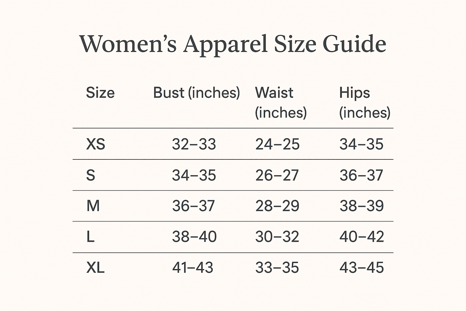 Womens Apparel Size Guide